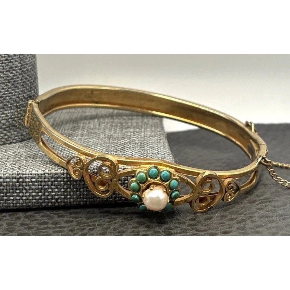 Vintage Gold Plated Faux Pearl Faux Turquoise Ornate Bangle Bracelet 6.75"